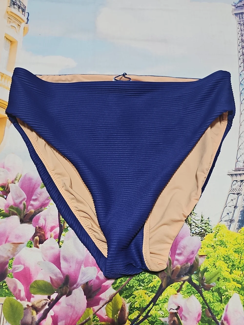 J. Crew Ribbed Navy Blue Bikini Bottom with Beige Lining XS New